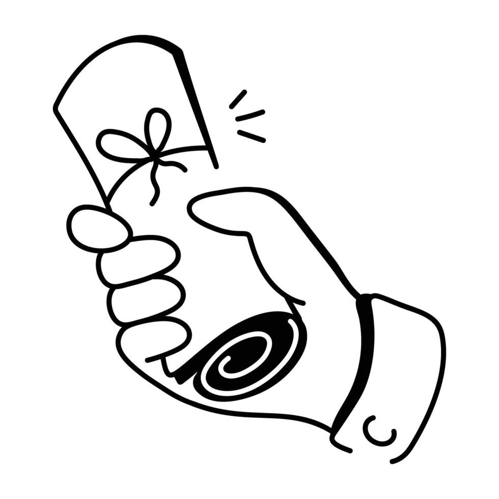 Graduation degree in hand, a drawing style icon vector