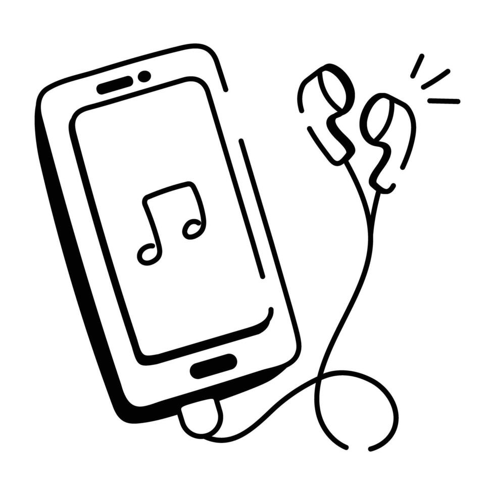 Doodle style icon of mobile music with handsfree vector