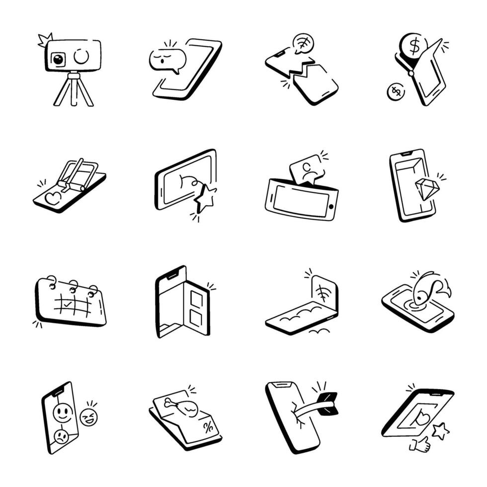 Collection of Smartphone Activities Doodle Icons vector