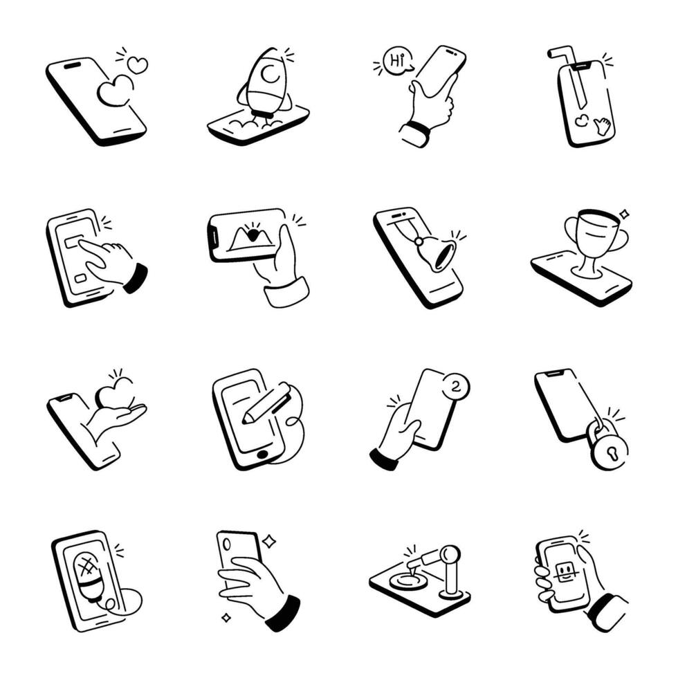 Handy Pack of Mobile Interactions Doodle Icons vector