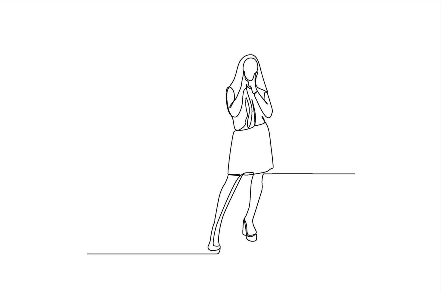 A minimalist line drawing of a woman in a dress, expressing a contemplative or emotional moment. vector