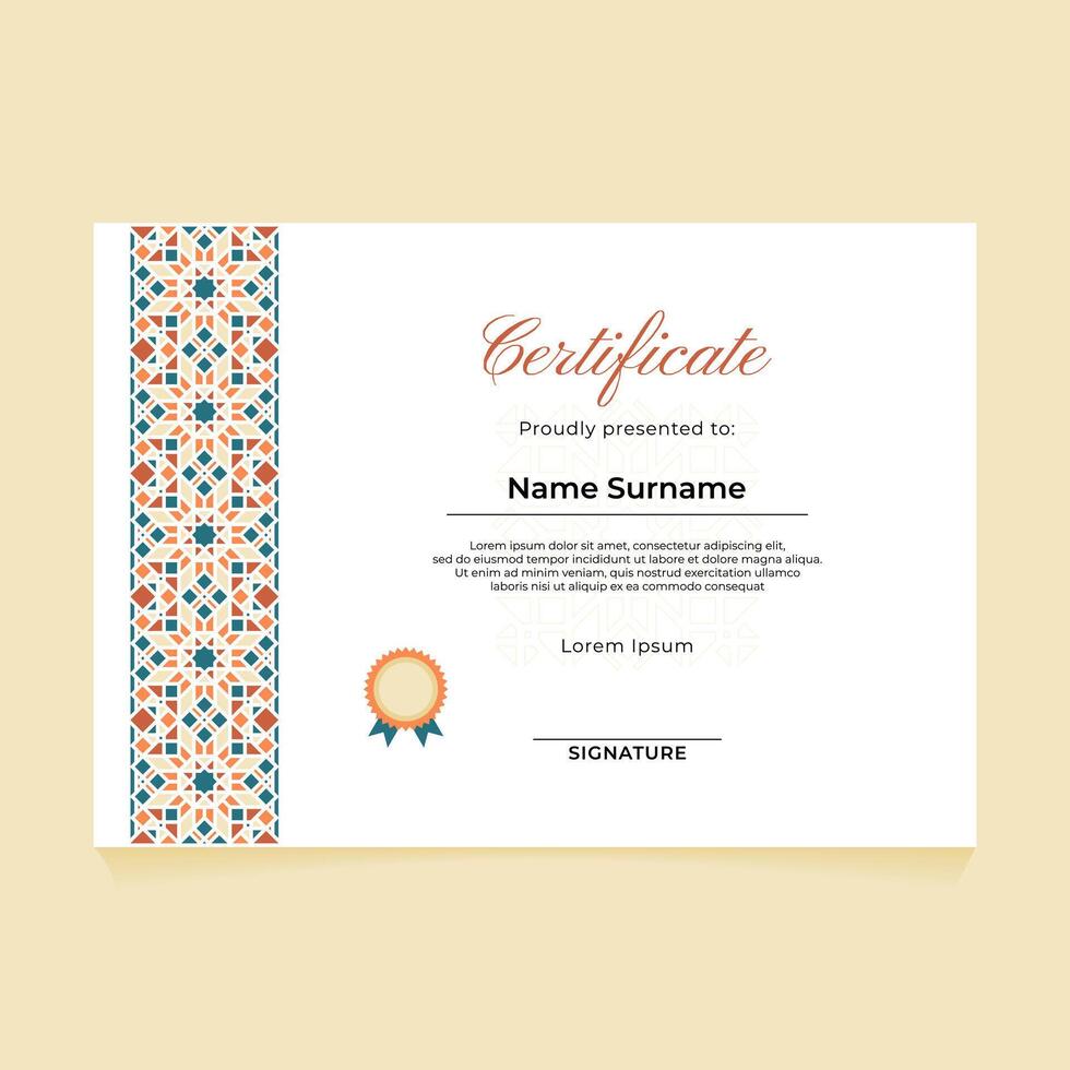 Islamic Certificate Design with Vertical Ornament vector