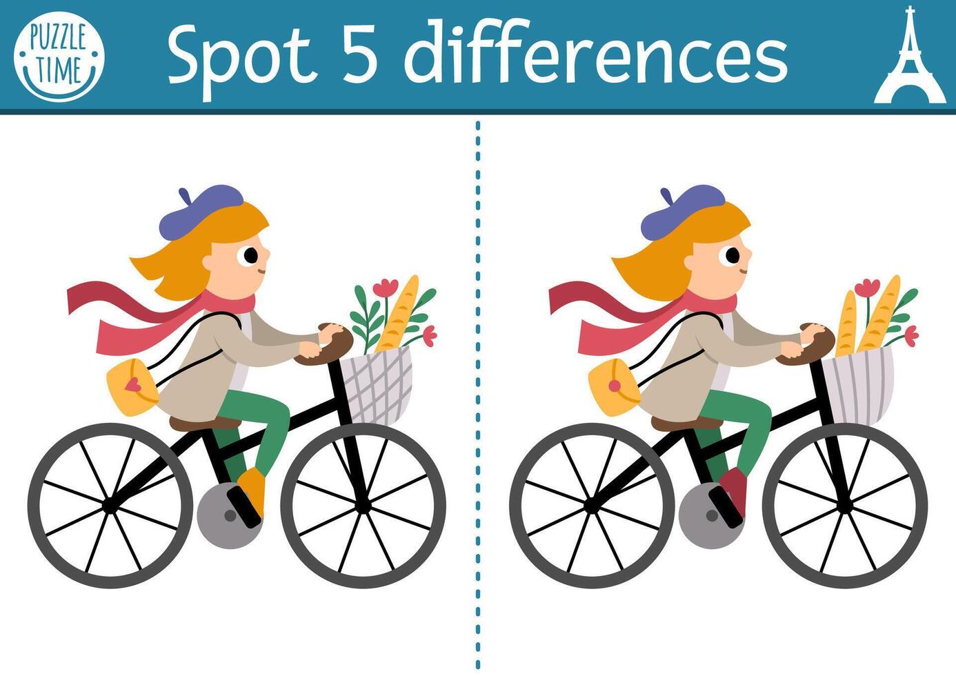 Find differences game for children. Educational activity with cute girl riding bike with baguette in basket. Puzzle for kids with funny French character. Printable worksheet or page with France symbol vector