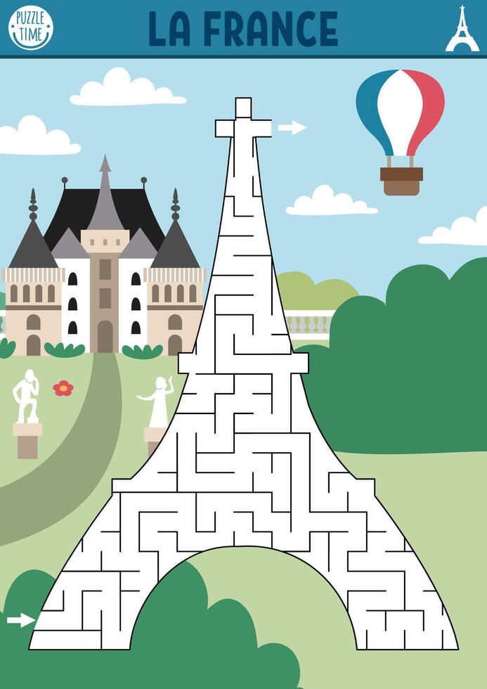 Maze for kids with Eiffel Tower. French preschool printable activity for children with main Paris landmark. Geometric labyrinth game or puzzle with France place of interest, scene, castle vector