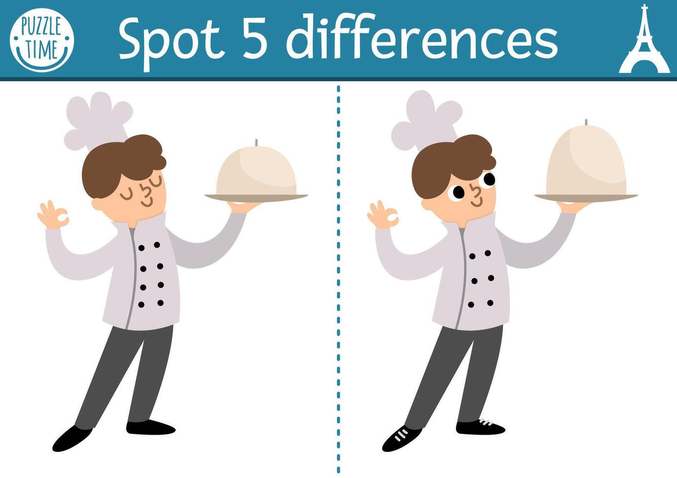 Find differences game for children. Educational activity with cute chef and plate with closh. Puzzle for kids with funny French character. Printable worksheet or page with traditional symbol of France vector