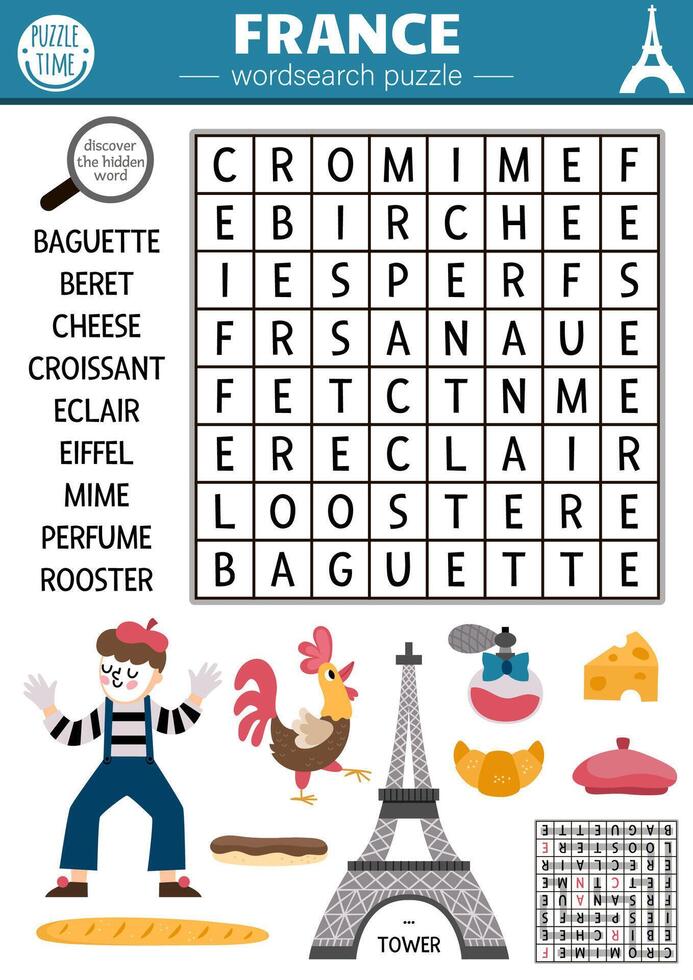 France word search puzzle for kids. Simple French word search quiz for children with traditional symbols. Cultural educational activity with croissant, Eiffel Tower, Marianne, mime vector
