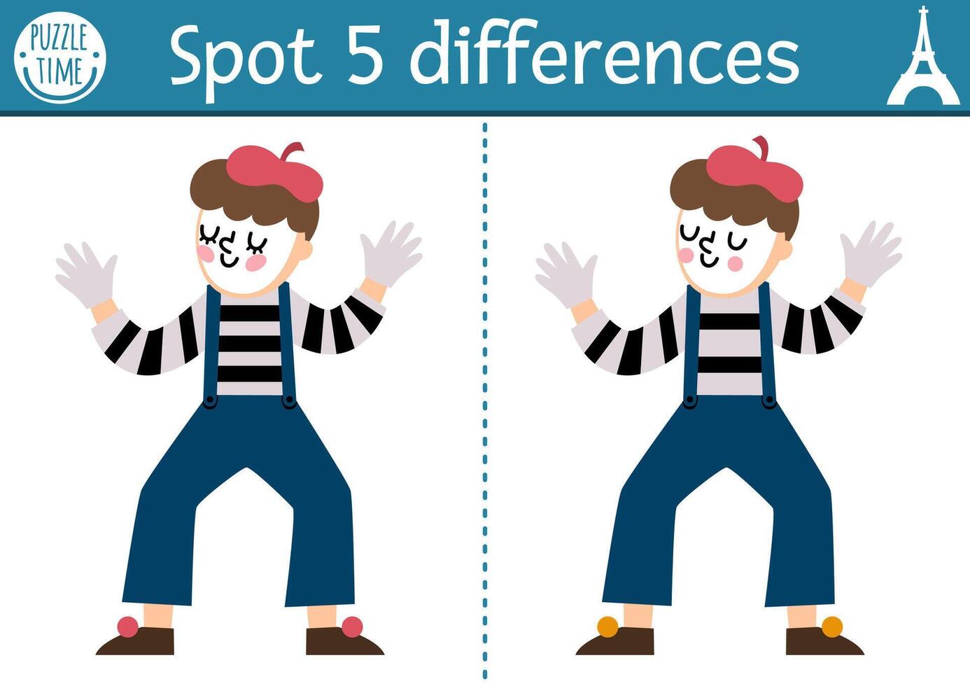 Find differences game for children. Educational activity with cute mime. Puzzle for kids with funny French character. Printable worksheet or page with traditional symbol of France vector