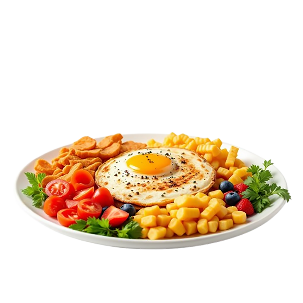 Classic breakfast plate featuring a fried egg and various foods isolated on a transparent background png