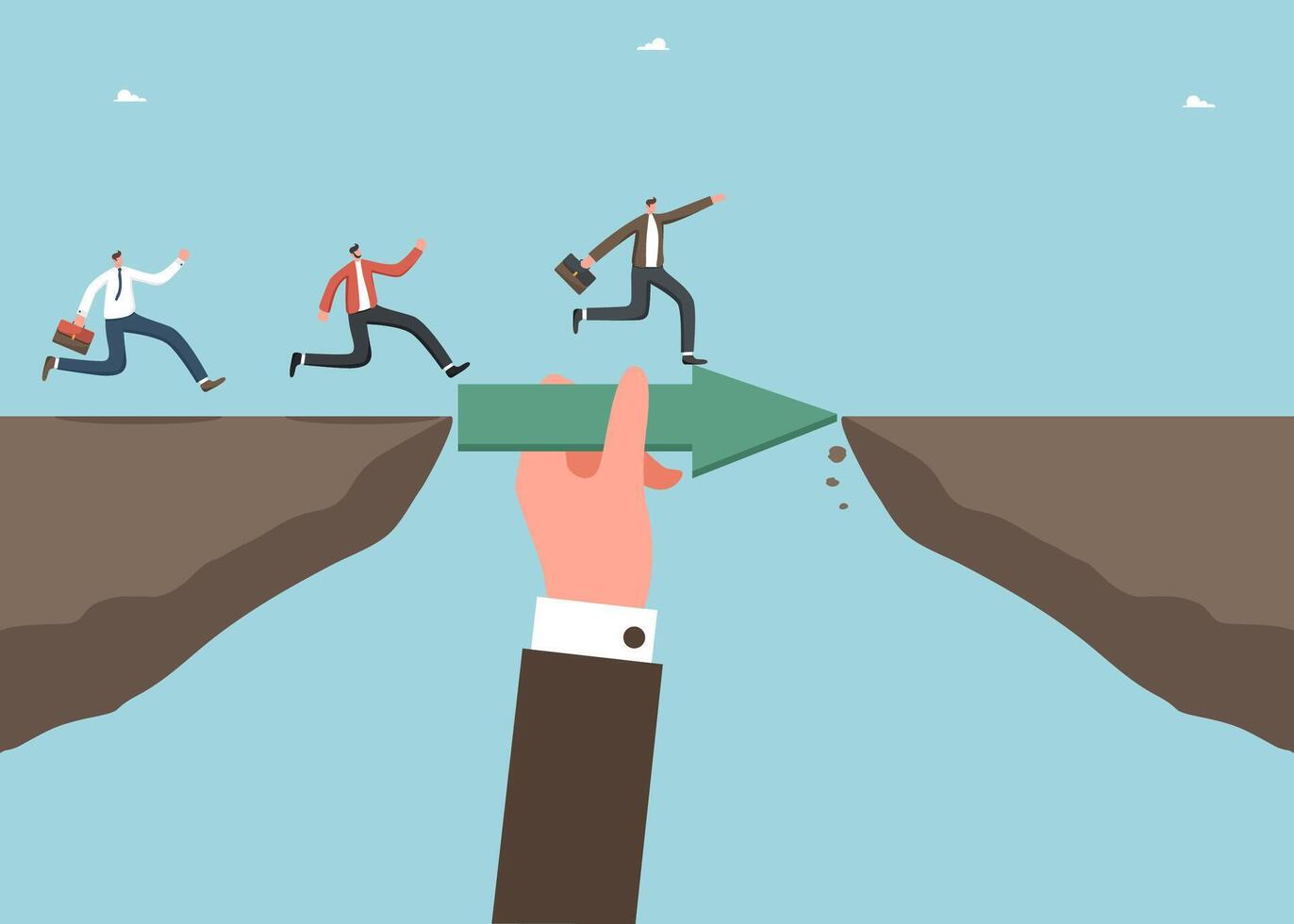 Hand puts arrow between cliff for colleagues vector