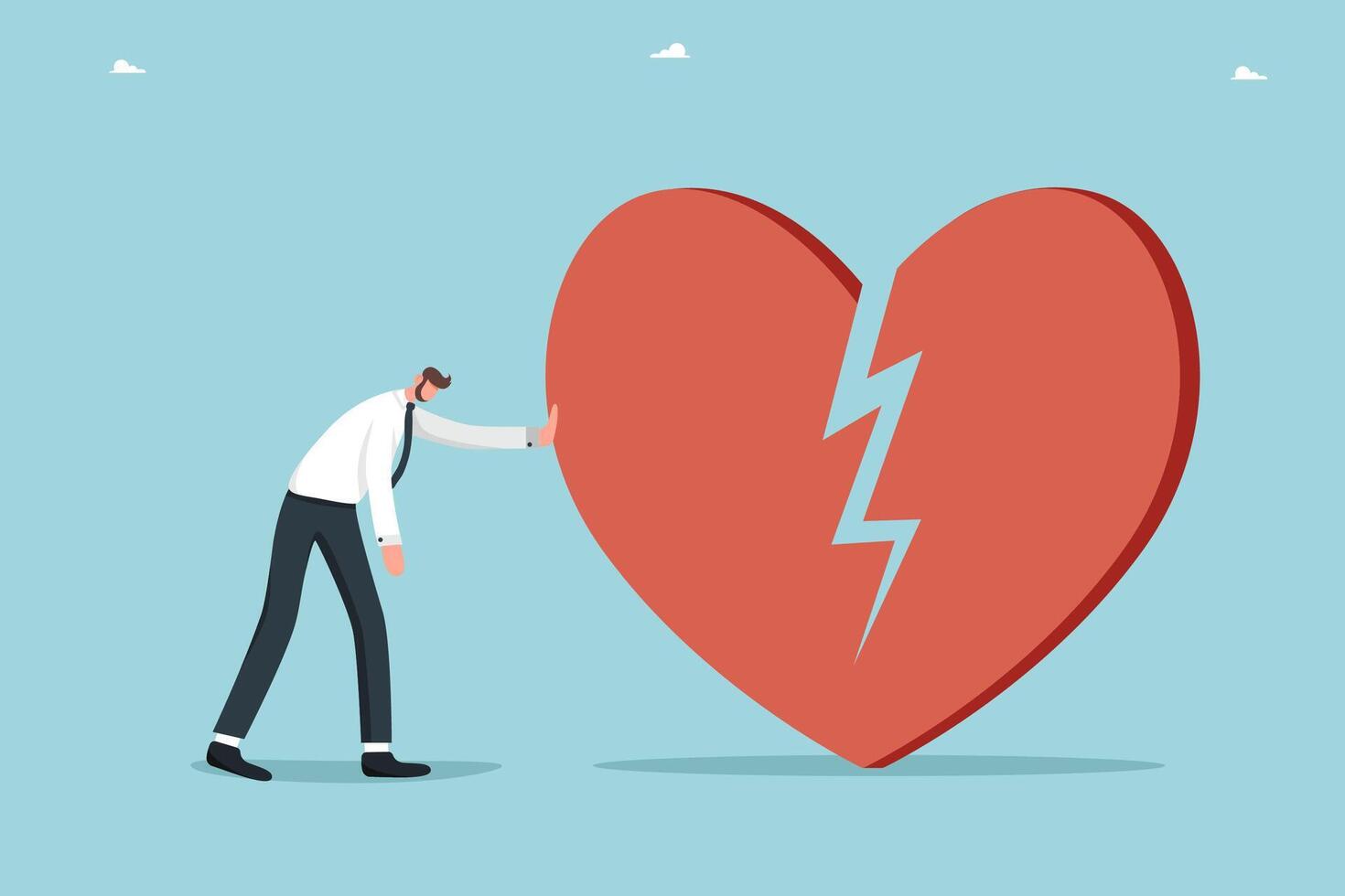 Upset man near broken heart vector