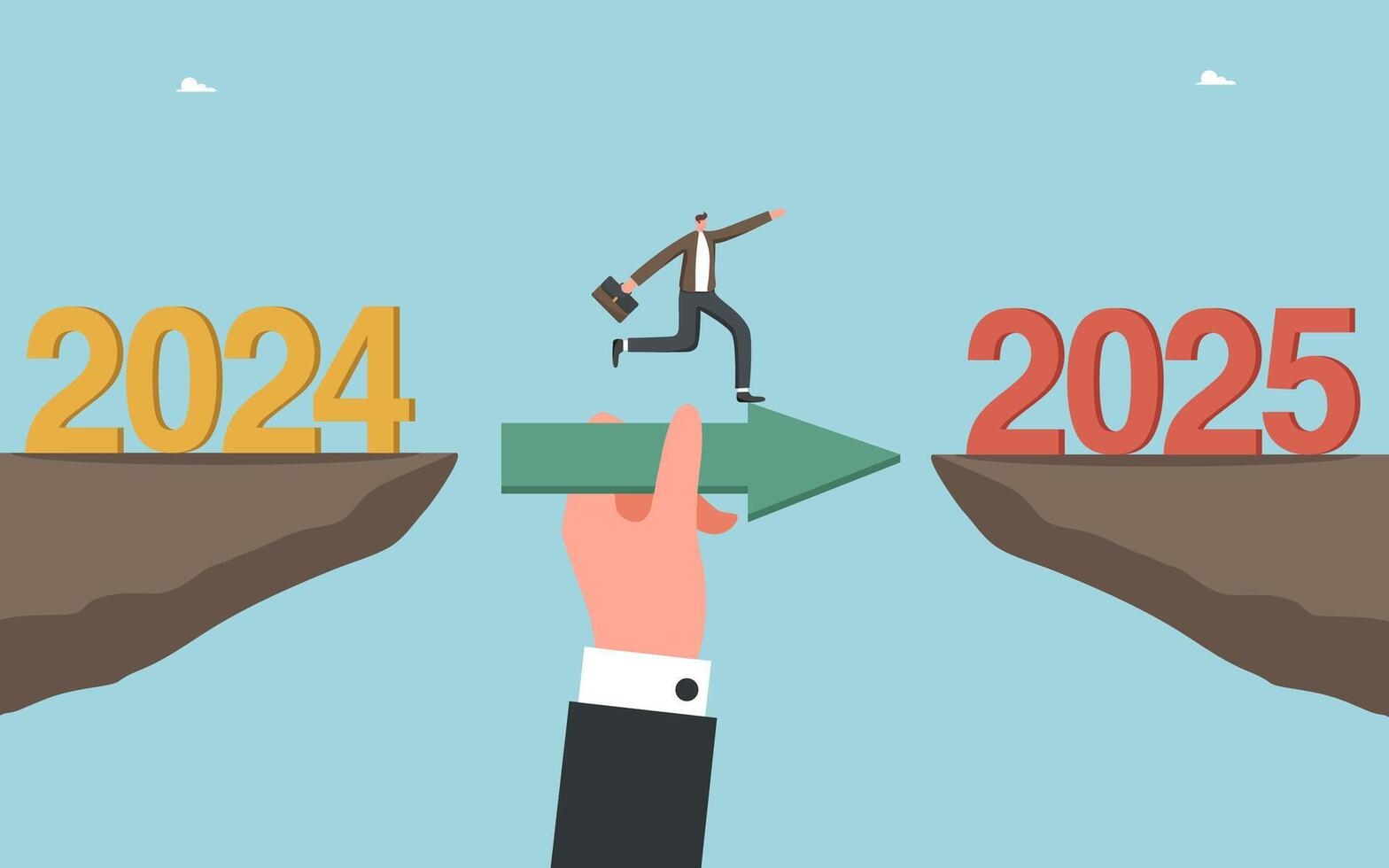 Hand holds arrow between cliff to 2025 vector