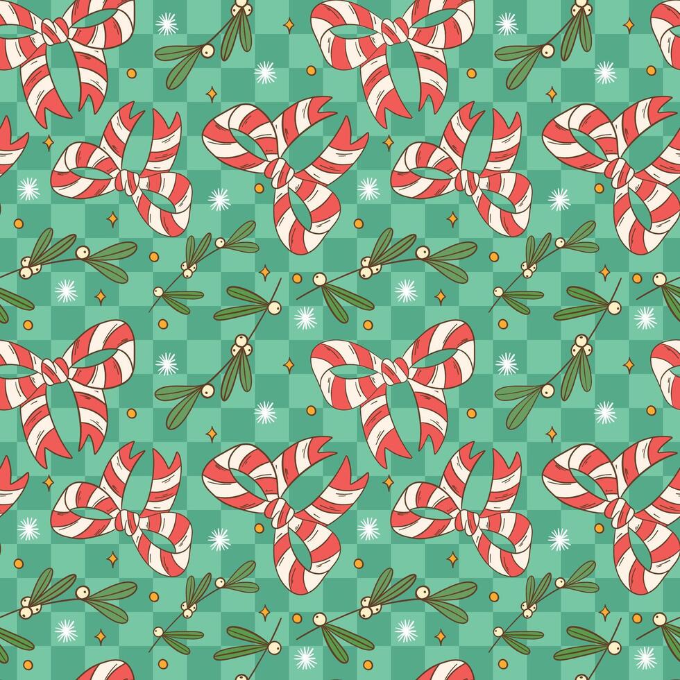 Festive Candy Cane Bow and Mistletoe Repeat Pattern Design vector