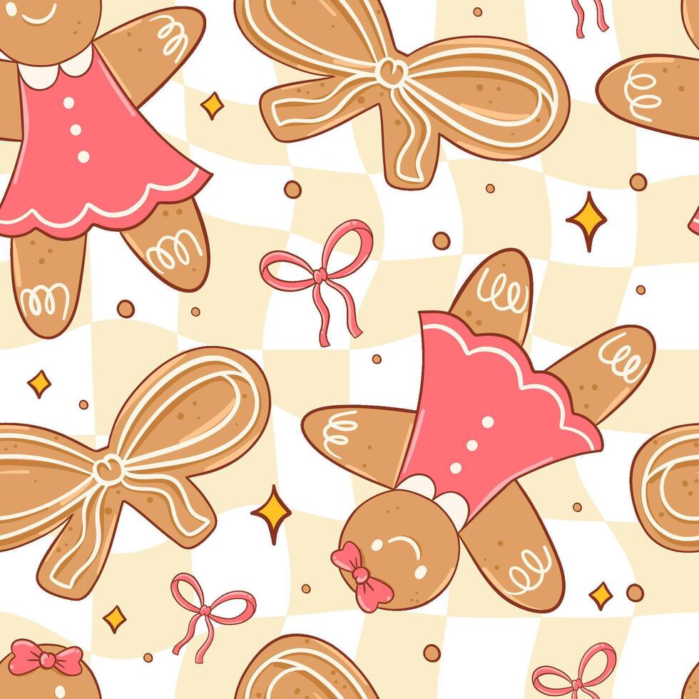 Festive Gingerbread Girl Pattern With Bows and Stars vector