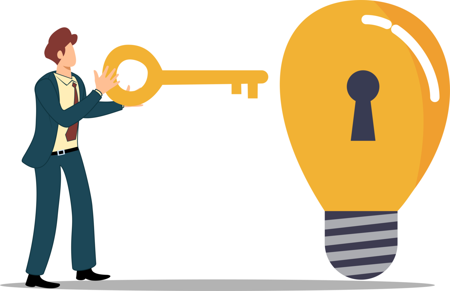 Unlock new business idea with illustration of businessman hold golden key will insert key into bulb or background business png