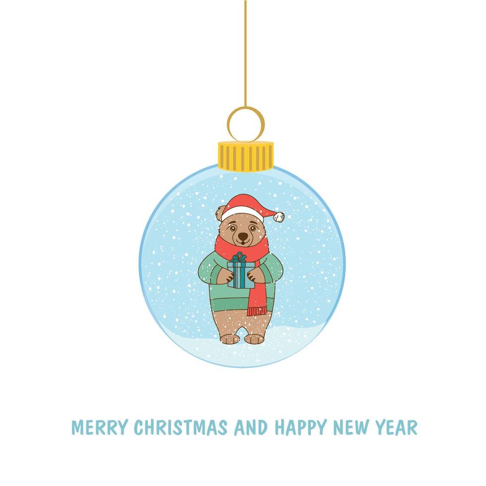New Year card. Christmas tree toy with a cute bear in a sweater with a gift in his paws. Christmas card. vector