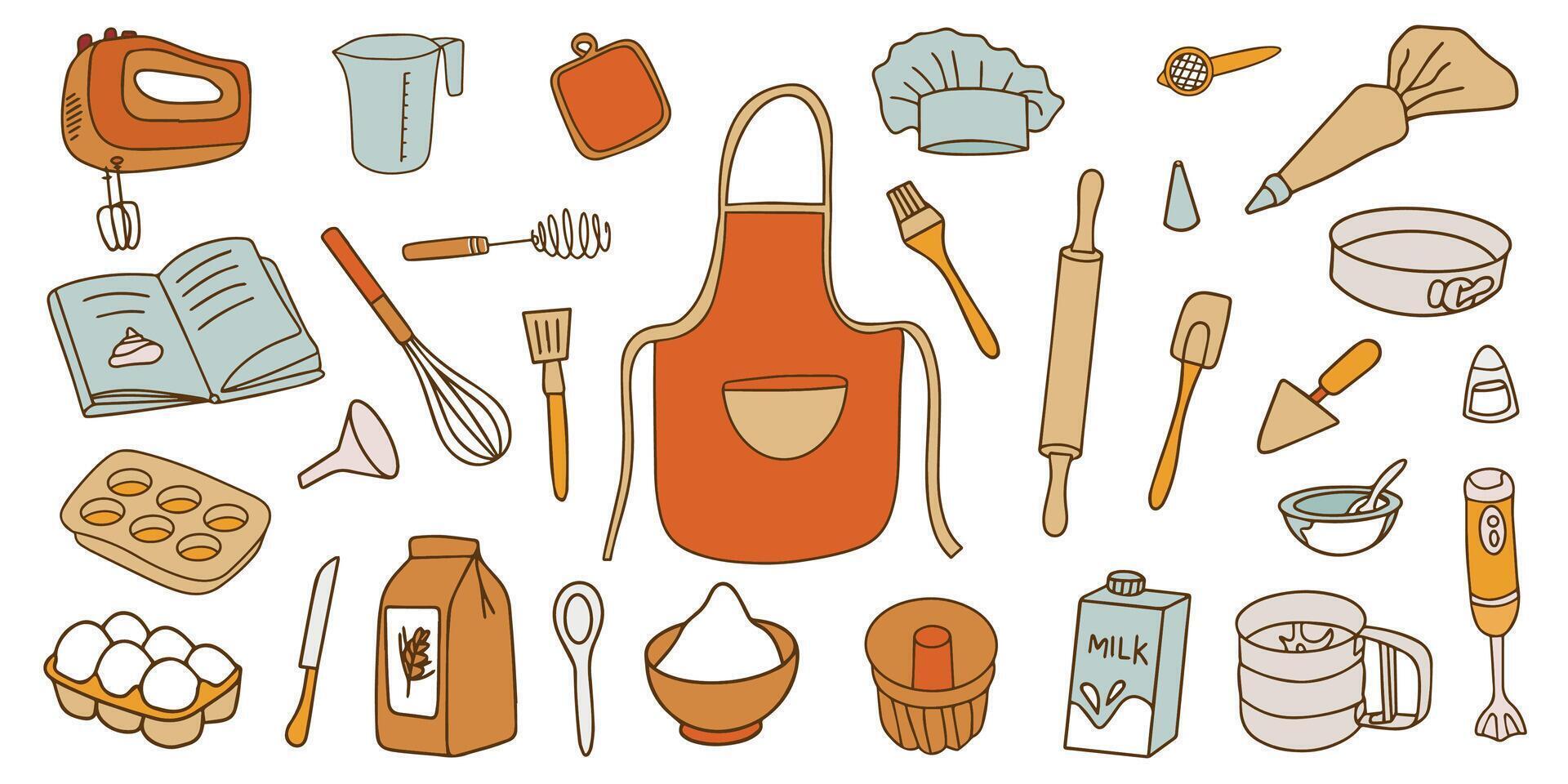 Colorful Collection of Baking Accessories. Set of Kitchen Accessories for Cooking in Doodle Style on White Background. . vector