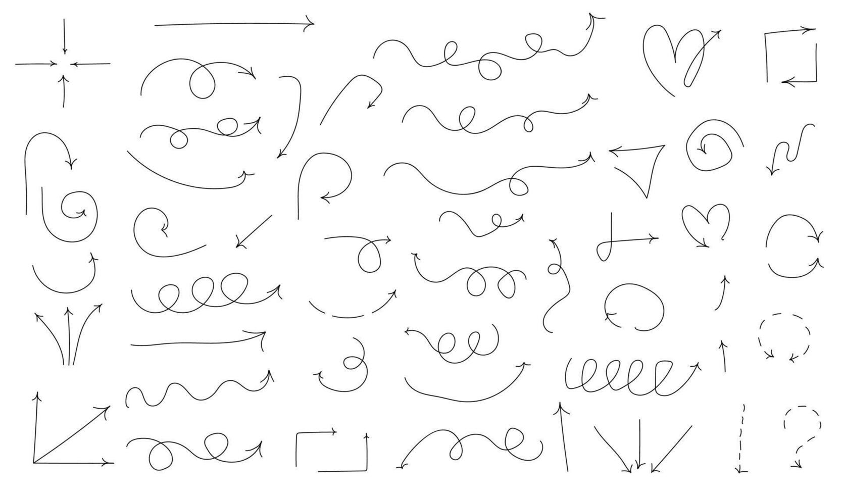 Isolated arrows, hand drawn on a white background. Straight, curved, circular, multidirectional arrows vector