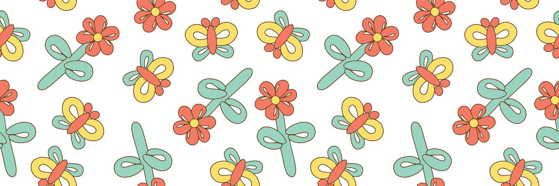 Seamless pattern of balloons inflatable butterfly and flower. Colorful decorative rubber toy. Birthday celebration festive decor y2k. Children's parties. vector