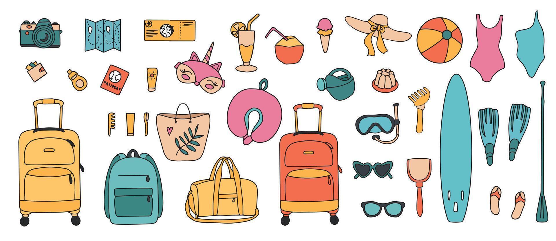 Summer outline icon Set. Beach accessories vectors icons for web. Tropical vacation.