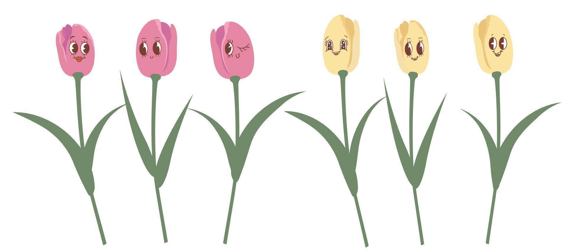 set of isolated pink and yellow tulips. Tulips in the style of kawaii. vector