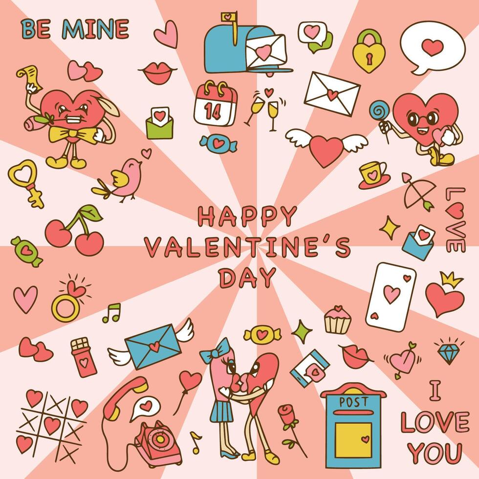 Retro groovy set for Valentines Day. Hippie love sticker, funny characters in shape of heart, trend 60s 70s. Love concept. . vector