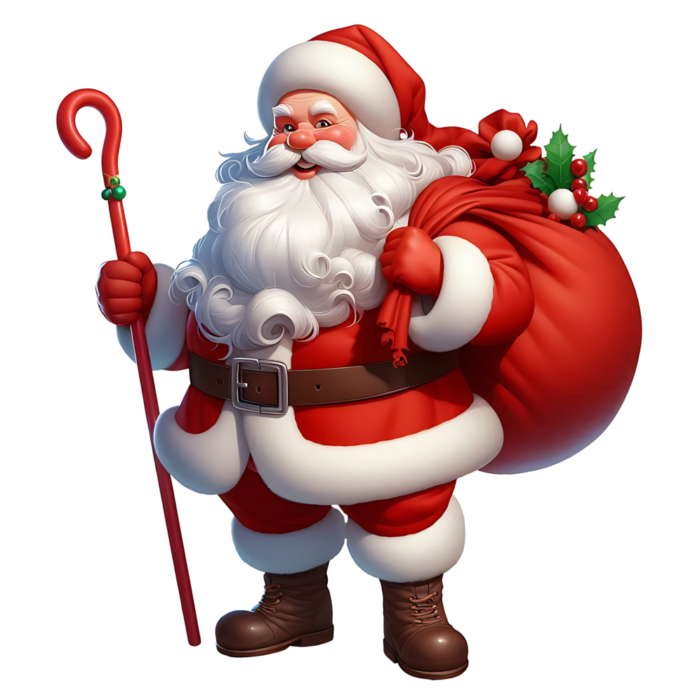 Merry Christmas Character Santa Claus carrying a gift sack while wearing a christmas dress png