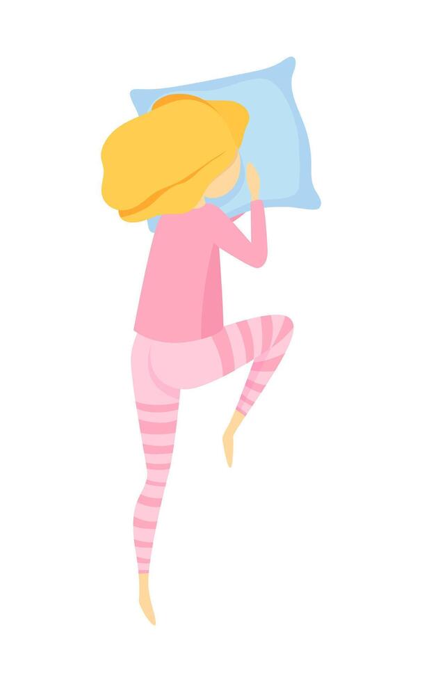 Sleeping girl in blue pajamas lies on the bed. Illustration isolated on white background. vector