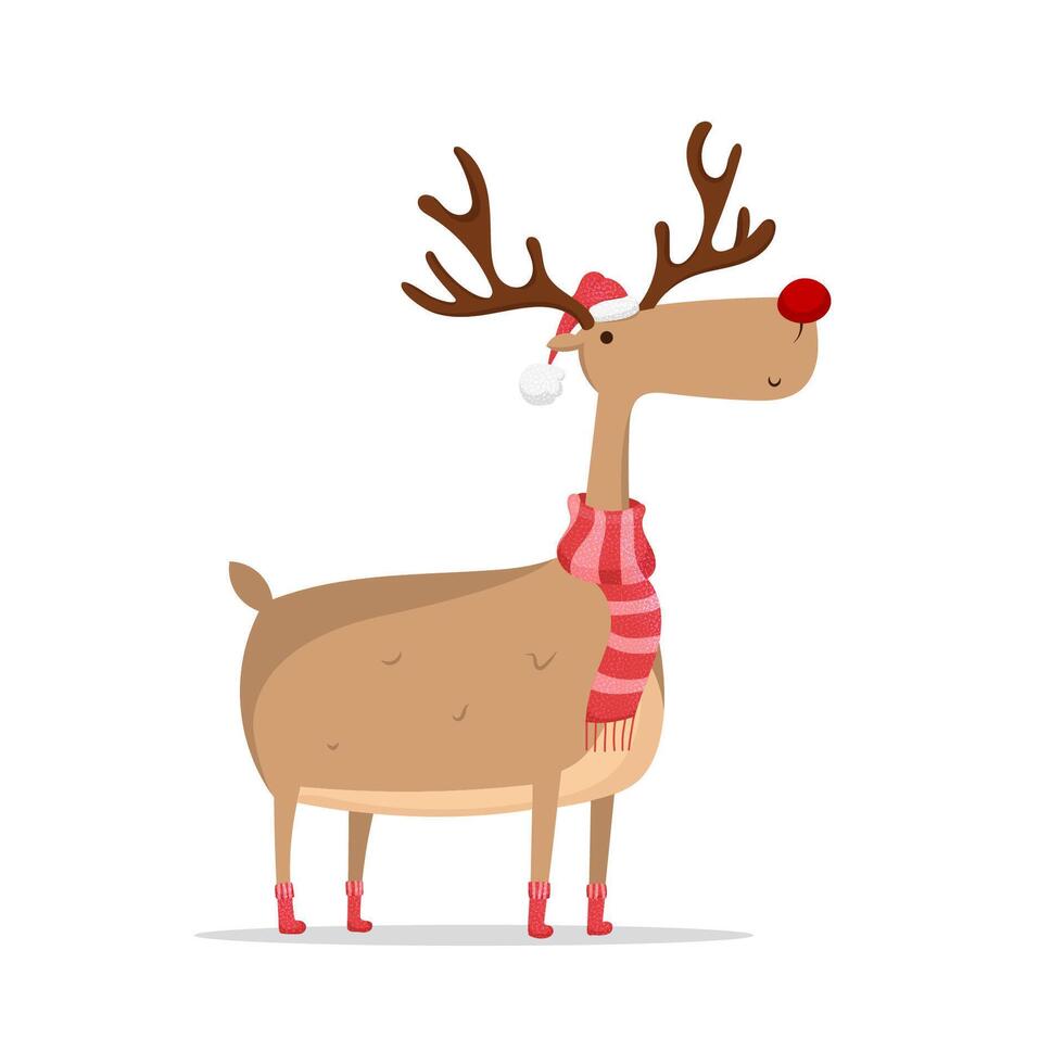 Reindeer in a red hat and scarf isolated on white background. Merry Christmas and Happy New Year vector