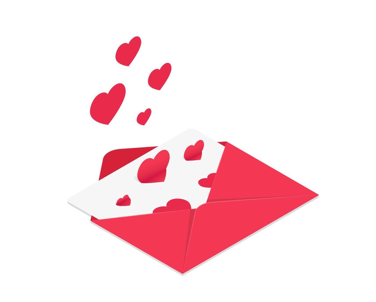 Valentine's day card. Romantic symbol. Red isometric envelope with hearts going up. Love letter vector