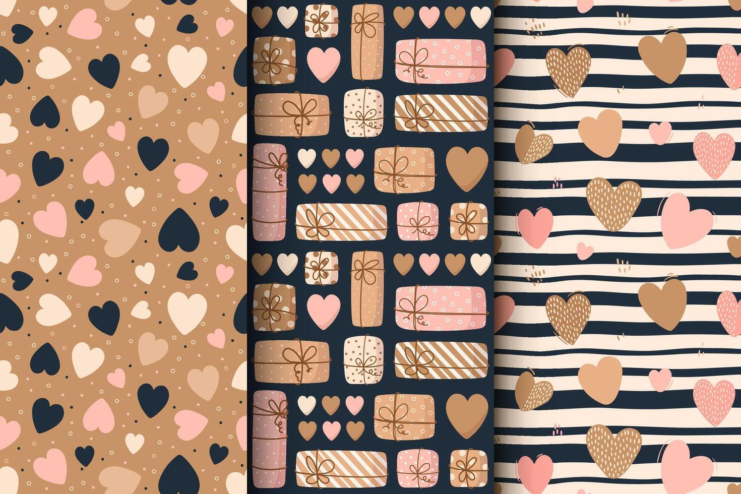 set of seamless pattern with gift boxs and hearts. Colorful presents. Surprise. Background for Valentine's day vector