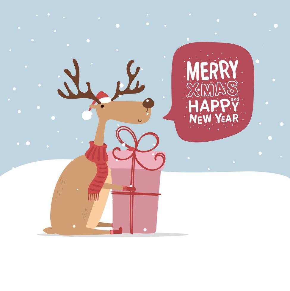Blue greeting card with reideer. Merry Christmas vector