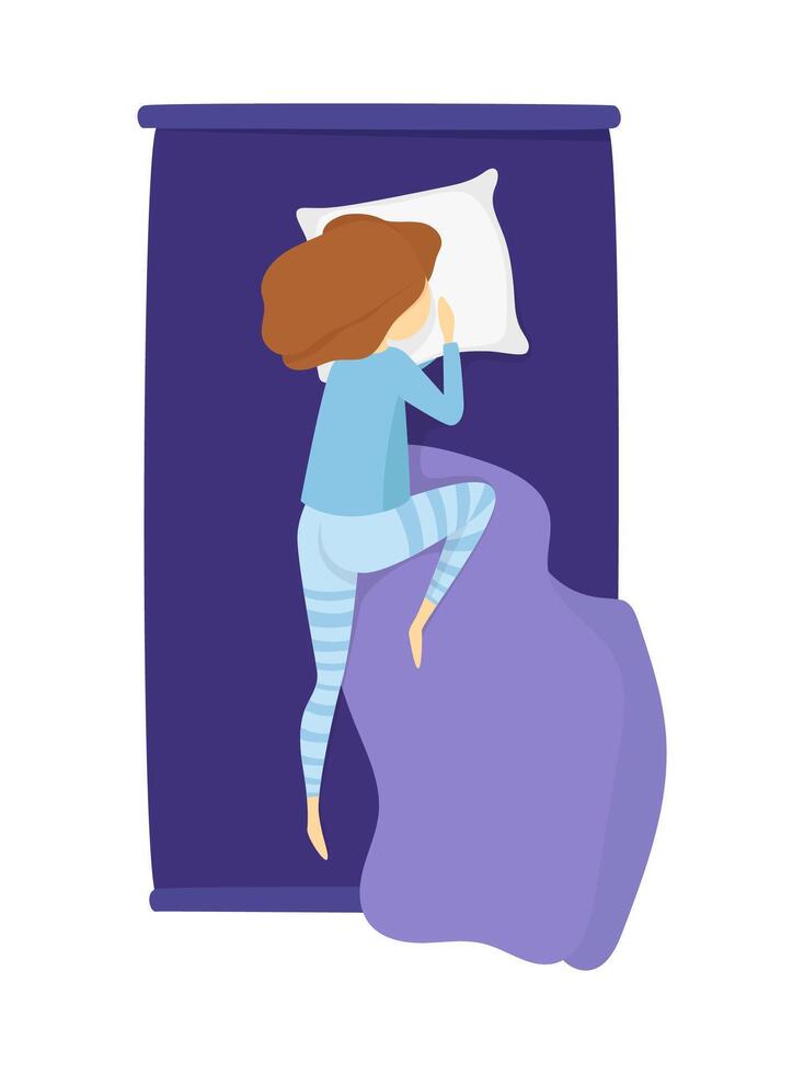 Sleeping girl in blue pajamas lies on the bed. Illustration isolated on white background. vector