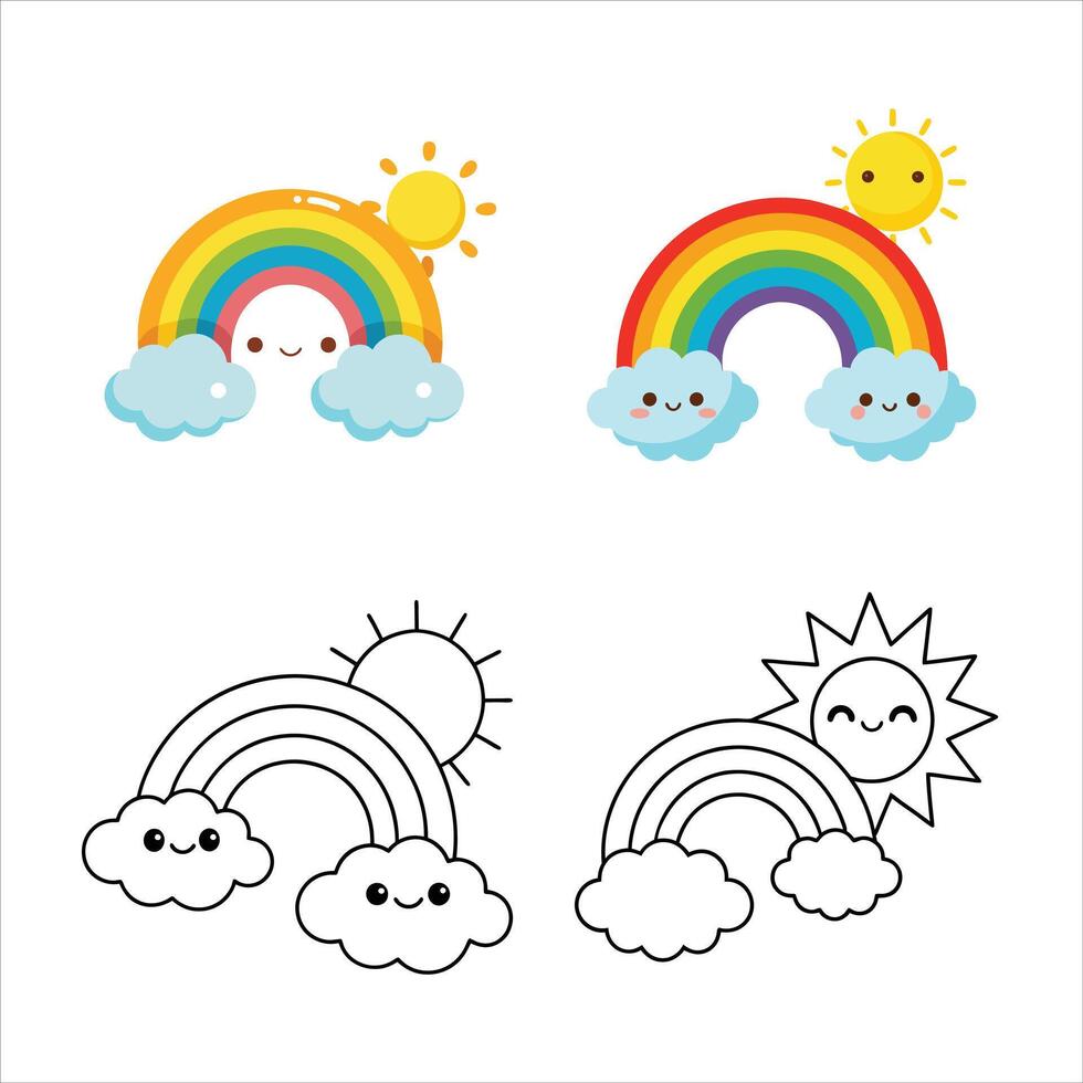 Radiant Rainbow set with Sun and Fluffy Clouds vector