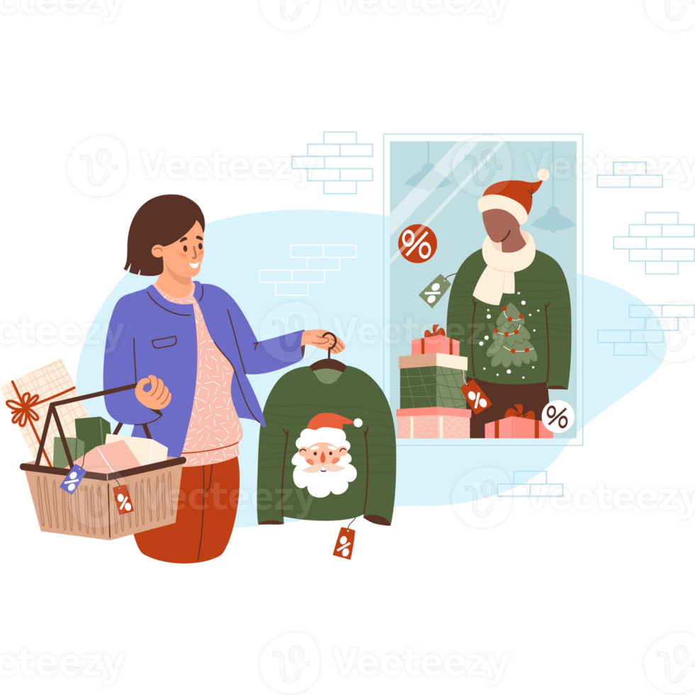 Christmas Shopping sale. Happy woman with Xmas sweater near store window with New year mannequin png