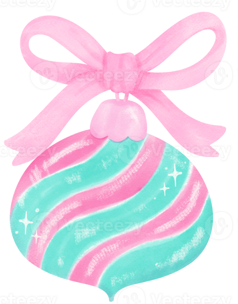 Pink and Mint Coquette Christmas ball with ribbon bow watercolor png