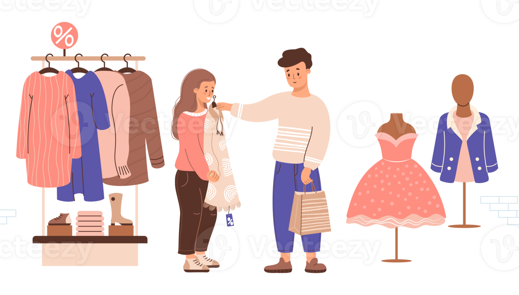 Black Friday. Shopping Couple man and woman at clothing sale png