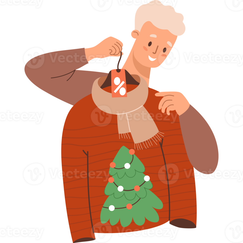 Man blond buys ugly Christmas sweater with tree on sale png