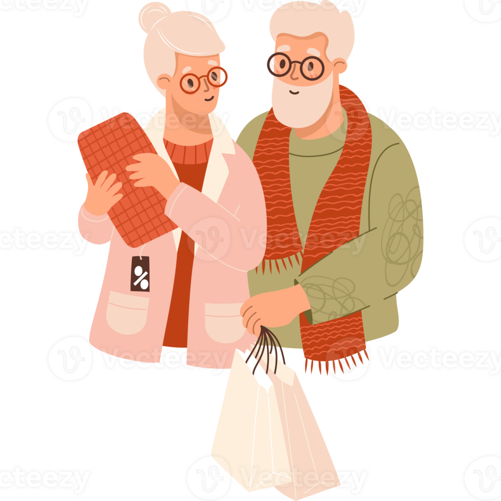 Happy couple of elderly people shoppers with gift shopping png