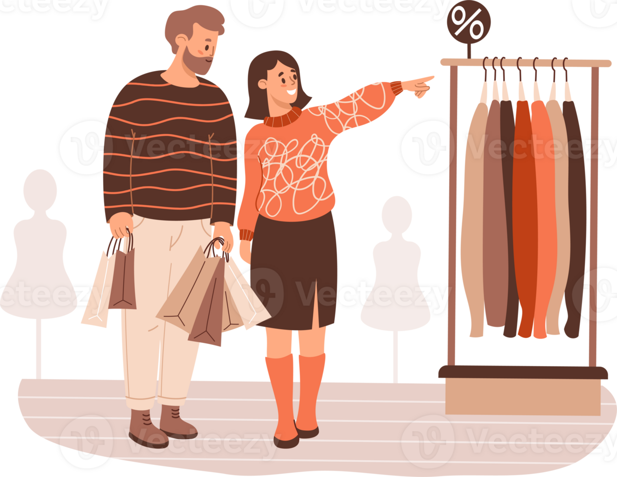 Happy couple shoppers woman and man in store on shopping sale choose clothes png