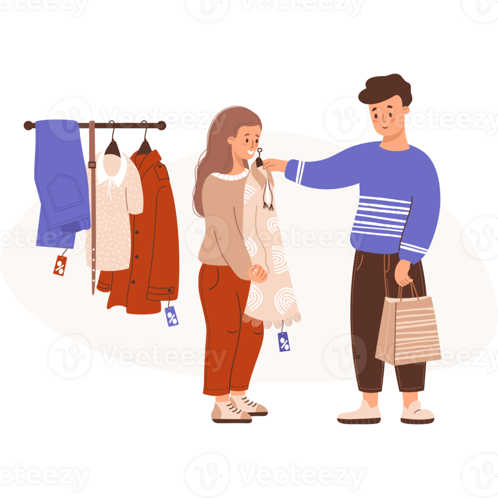 Shopping. Buyers man and girl try on dress at sale. Nearby fashionable Clothing items on hangers png