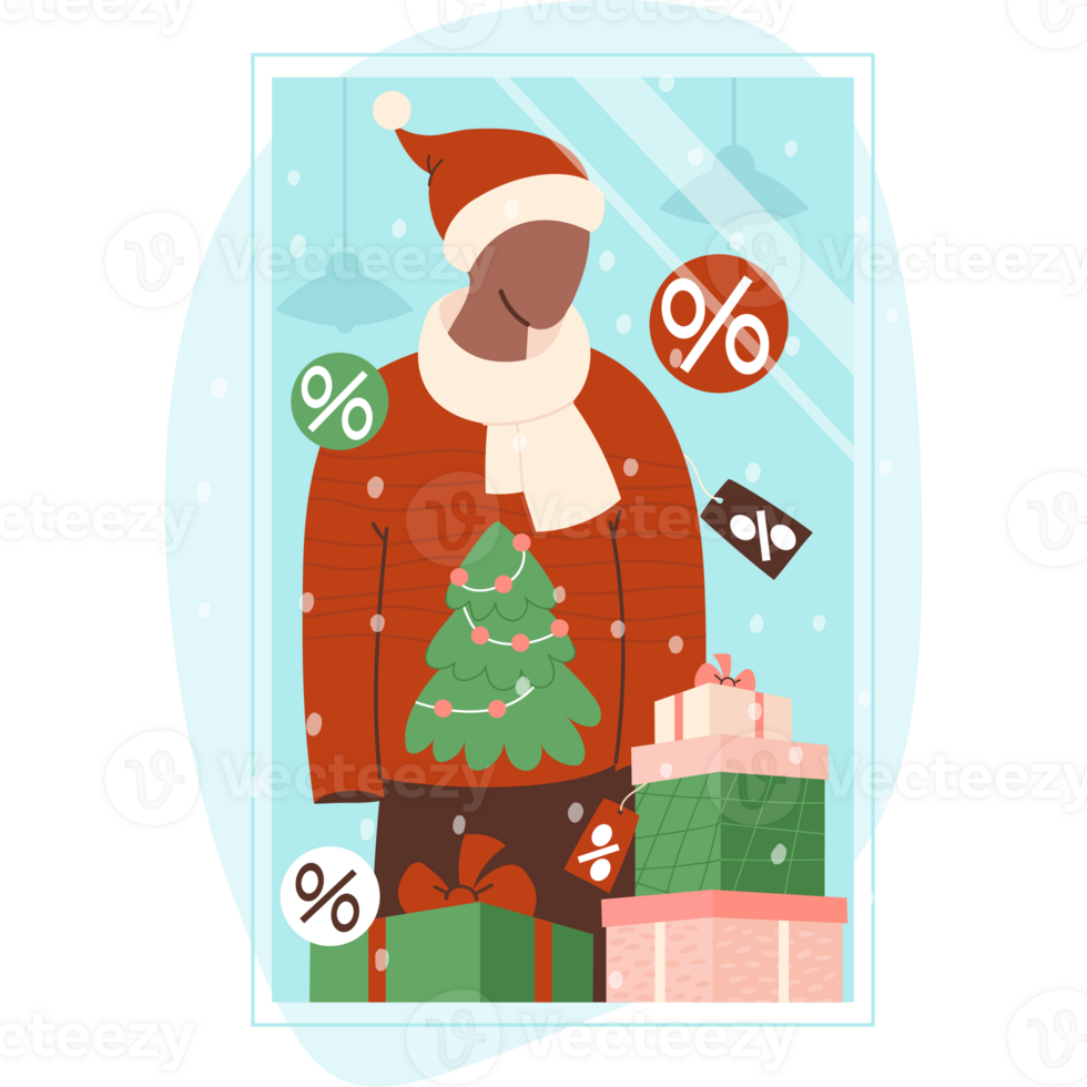 Christmas sale. Showcase store New Year Mannequin in Xmas ugly sweater and gift boxes png