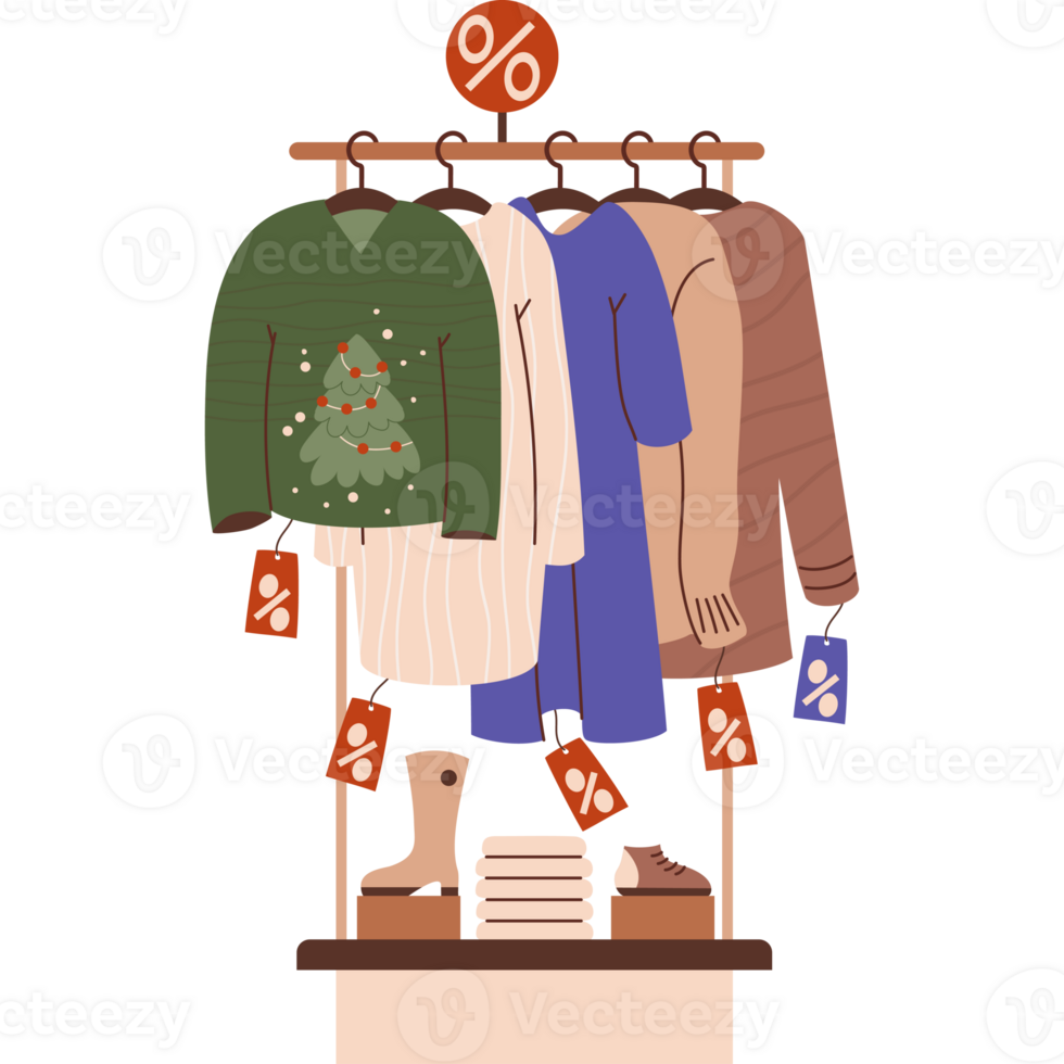Store Christmas shopping. Fashionable clothes and in ugly xmas sweater png
