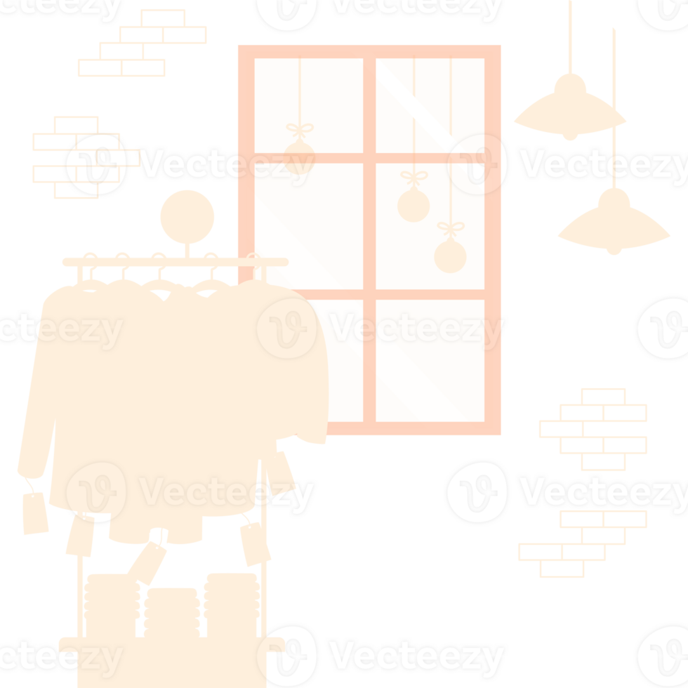 Interior store with window and rack with clothes on hangers with tags png