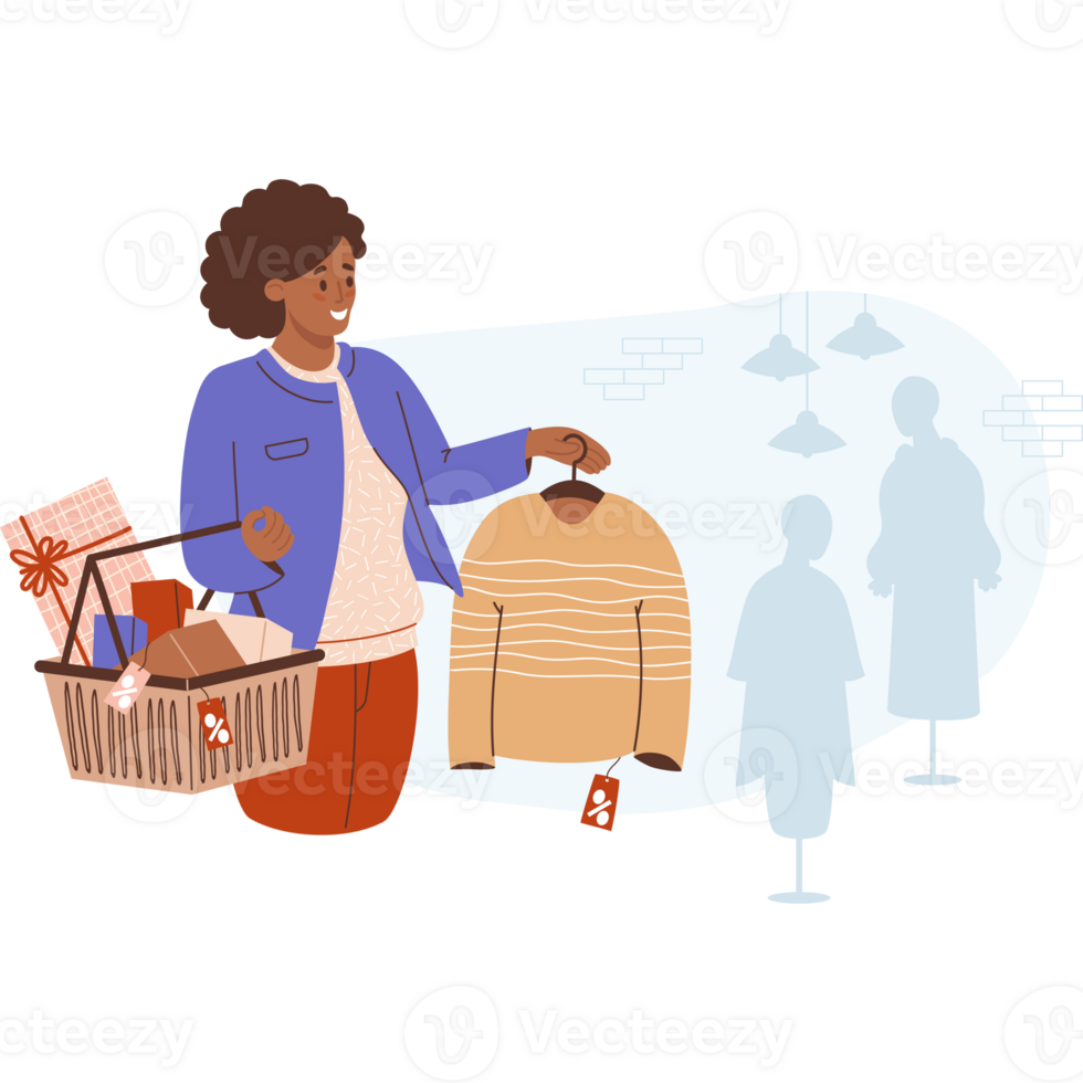 Shopping, sale. Happy black ethnic woman buys fashionable sweater png