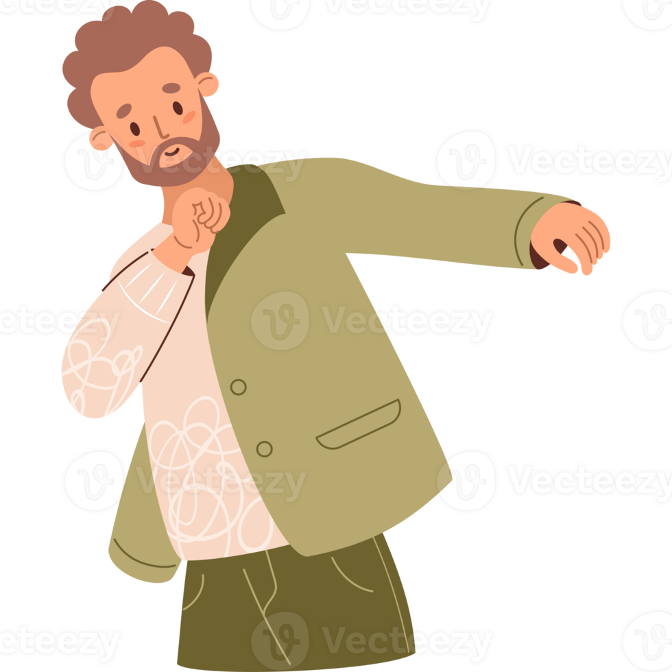 Shopping. Bearded Man tries on business jacket at sale png