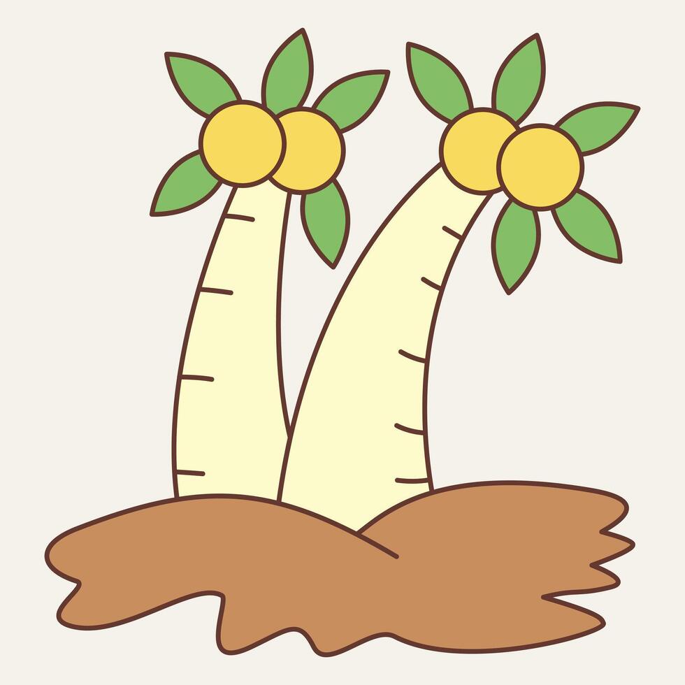 A simple illustration of two palm trees with yellow fruits and green leaves on brown soil. vector