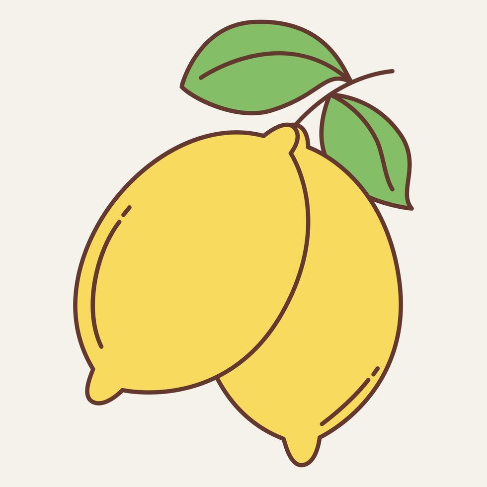 Two yellow lemons with green leaves, illustrated in a simple and playful style. vector