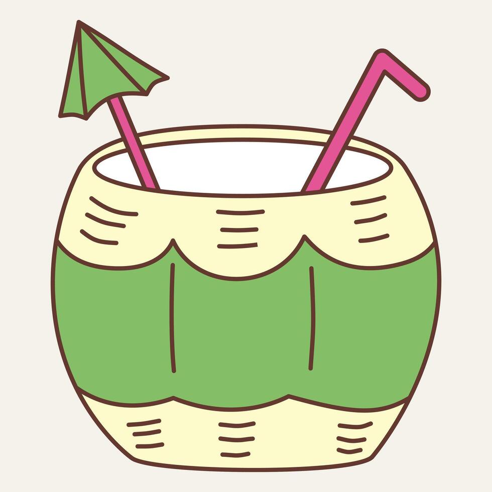 A colorful drink in a coconut with an umbrella and straw, perfect for tropical enjoyment. vector
