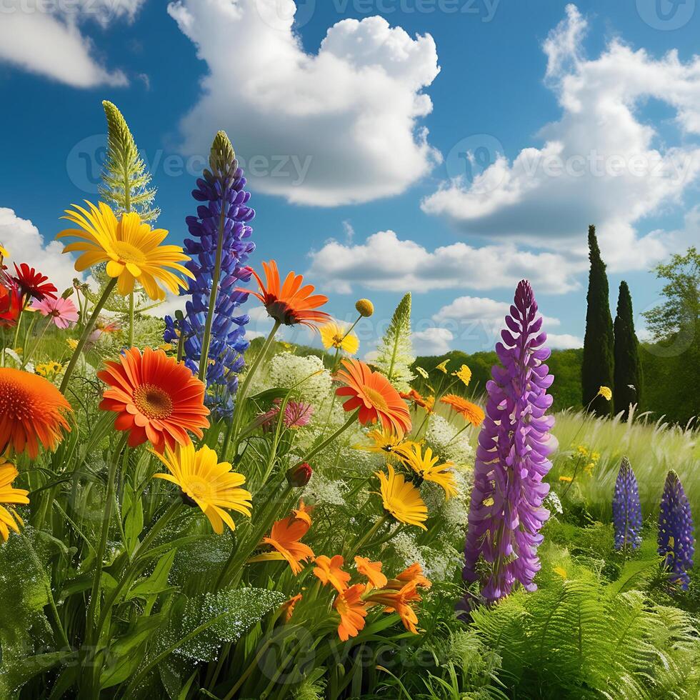 A serene and vibrant landscape depicting Mount Rainier's snow-capped peak rising above a lush meadow filled with a diverse array of wildflowers in full bloom, set within Mount Rainier National Park, W photo