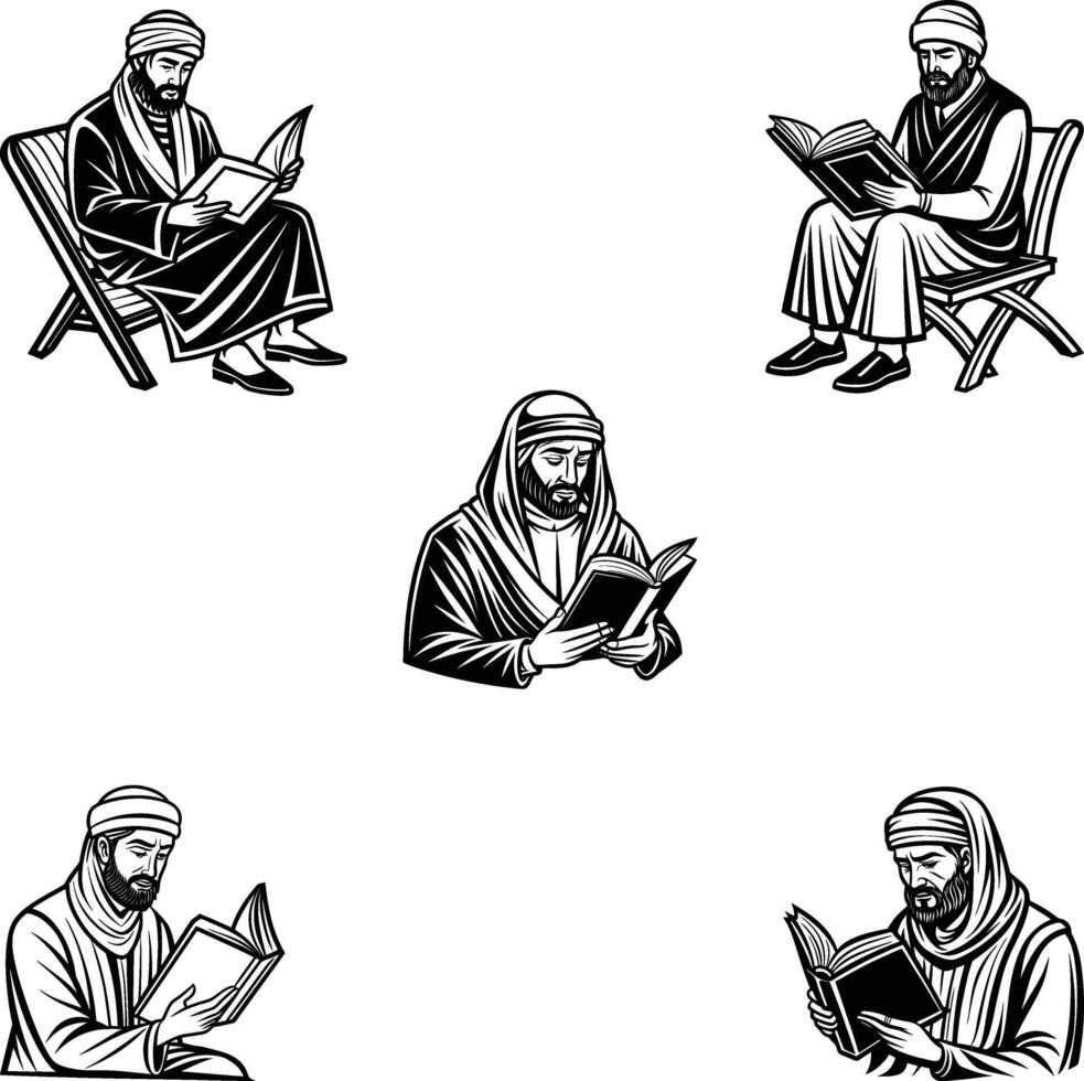 Muslim pious man reading book various character art illustration vector